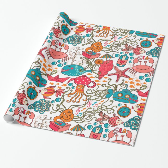 Funny Colorful Sea-Life Illustration Pattern Wrapping Paper (Unrolled)