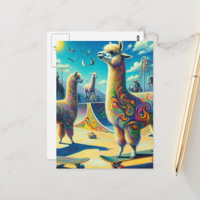 Funny Colorful Skateboarding Alpaca Postcard (Front/Back In Situ)