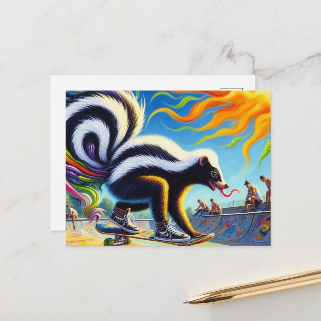 Funny Colorful Skunk Skateboarding Long Tongue  Postcard (Front/Back In Situ)