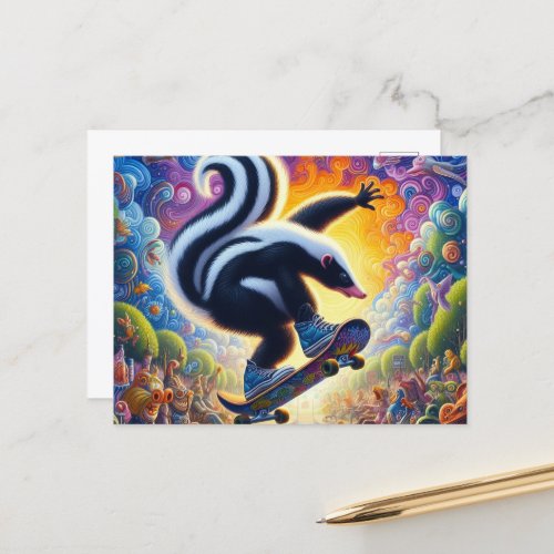 Funny Colorful Skunk Skateboarding Postcard