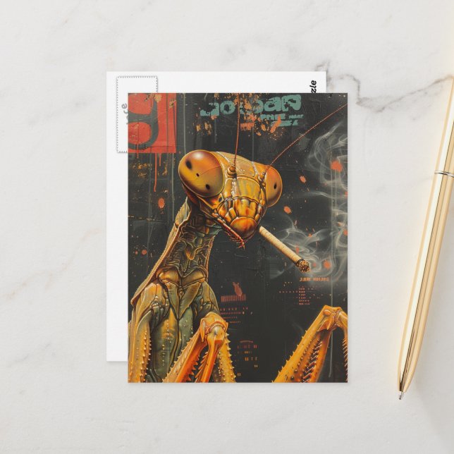Funny Colorful Smoking Mantis Surreal Postcard (Front/Back In Situ)
