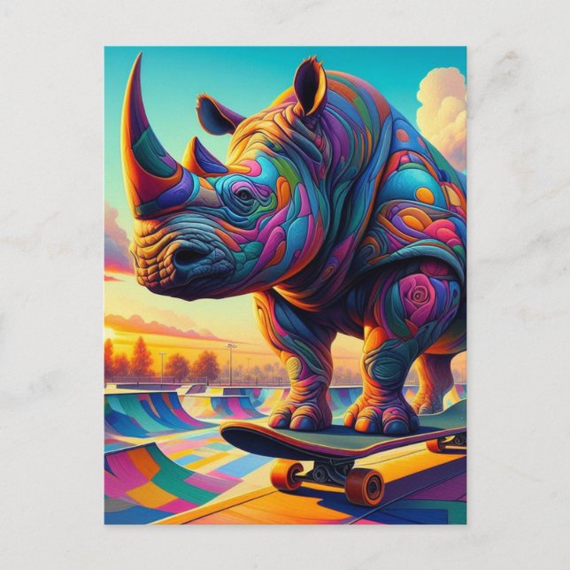 Funny Colorful Surreal Rhino Skateboarding Postcard (Front)