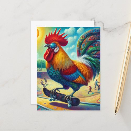 Funny Colorful Surreal Skateboarding Rooster Postcard