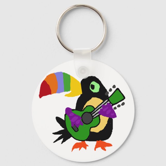 Funny Colorful Toucan Bird Playing Guitar Keychain (Front)