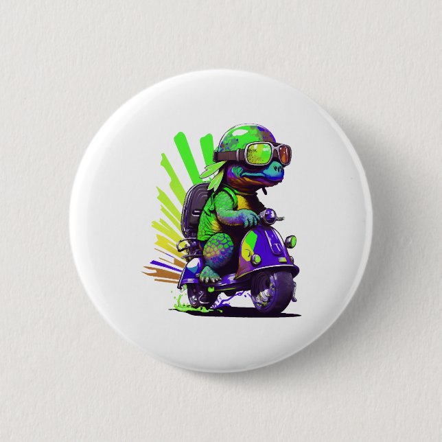 Funny Colorful Turtle On A Scooter Copy Button (Front)