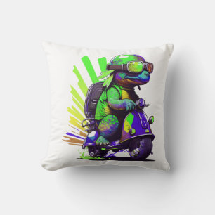 Funny Colorful Turtle On A Scooter Copy Throw Pillow