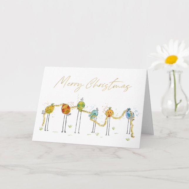 Funny Colorful Watercolor Birds Christmas Card (Small Plant)