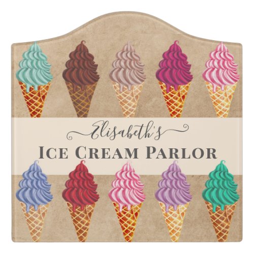 Funny Colorful Watercolor Vintage Ice Cream Parlor Door Sign