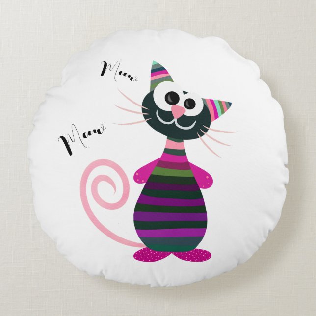 Funny colourful cat round pillow (Front)