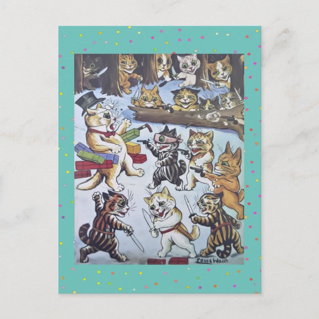 Funny Colourful Louis Wain Cartoon Christmas Cats Holiday Postcard (Front)