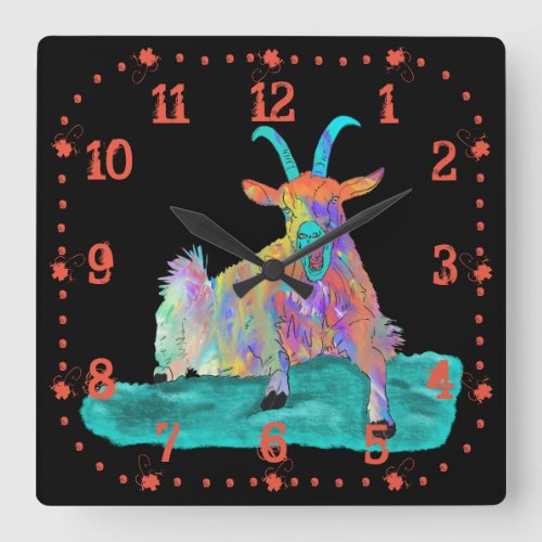 Funny Colourful Orange Screaming Goat Art Design Square Wall Clock