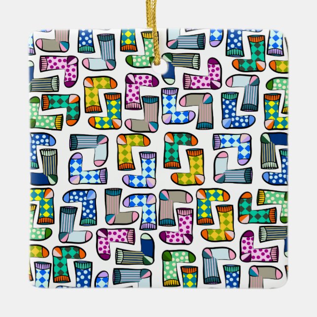 Funny colourful sock pattern ceramic ornament (Front)