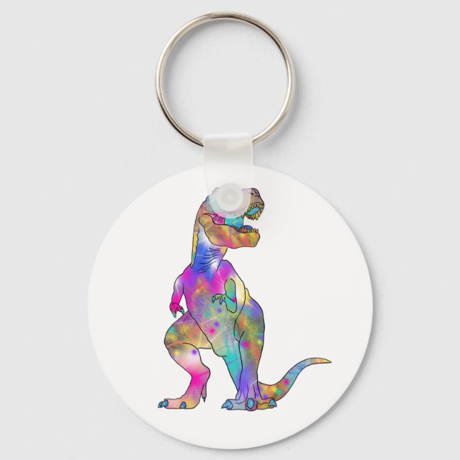 Funny Colourful T Rex Psychedelic Dinosaur Art Keychain (Front)