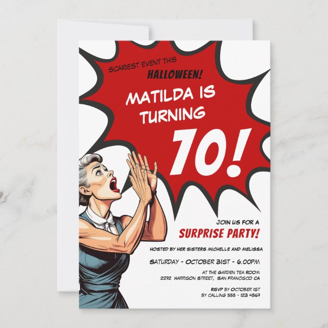 Funny Comic Halloween Surprise 70th Birthday Invitation (Front)