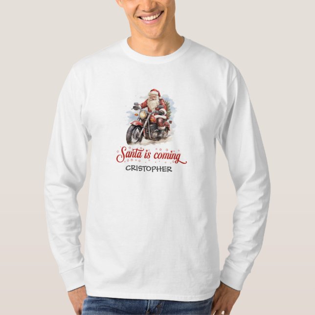 Funny comic Santa Claus on a motorcycle  T-Shirt (Front)