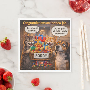 Funny congratulations on the new job cat and dog n napkins