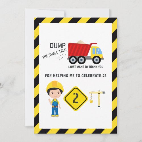 Funny Construction 2nd Birthday Thank You Card