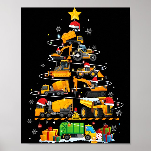 Funny Construction Excavator Truck Christmas Tree  Poster (Front)