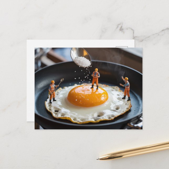 Funny Construction Worker Fixing Eggs Pouring Salt Postcard (Front/Back In Situ)