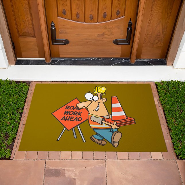 Funny Construction Worker Road Work Ahead Sign Doormat (Creator Uploaded)
