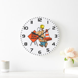 Funny Construction Worker Road Work Ahead Sign Large Clock