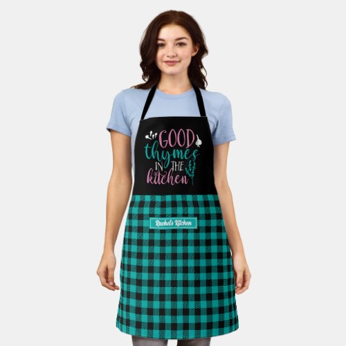 Funny Cooking Good Thymes Black Turquoise Plaid Apron
