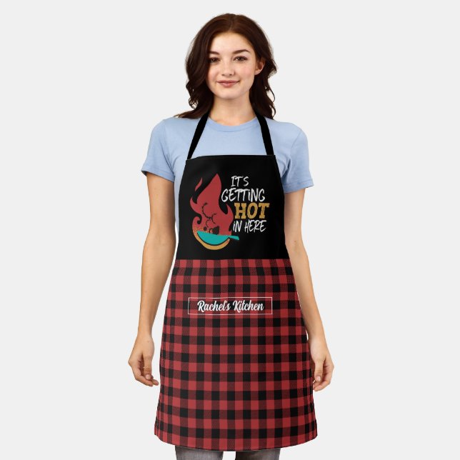 Funny Cooking It's Getting Hot Black Red Plaid Apron (Worn)