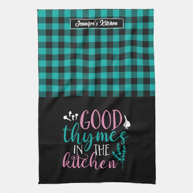 Funny Cooking Pun Good Thymes In The Kitchen Plaid Kitchen Towel (Vertical)