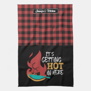Funny Cooking Pun It's Getting Hot Red Black Plaid Kitchen Towel