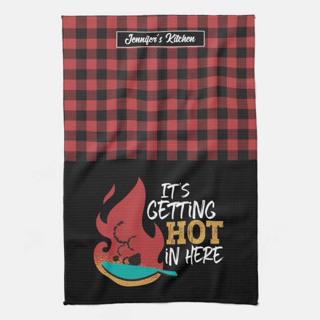 Funny Cooking Pun It's Getting Hot Red Black Plaid Kitchen Towel (Vertical)