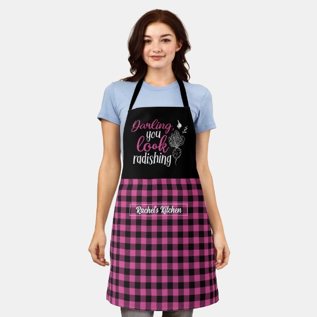 Funny Cooking Radish Pun Black Pink Plaid Apron (Worn)