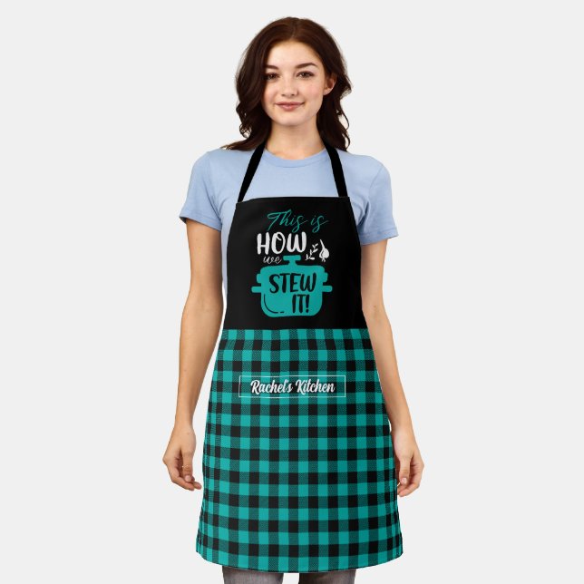 Funny Cooking Stew Pun Black Turquoise Plaid Apron (Worn)