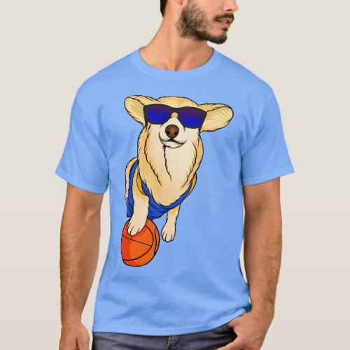 Funny Cool Basketball Corgi Wearing Sunglasses T_Shirt