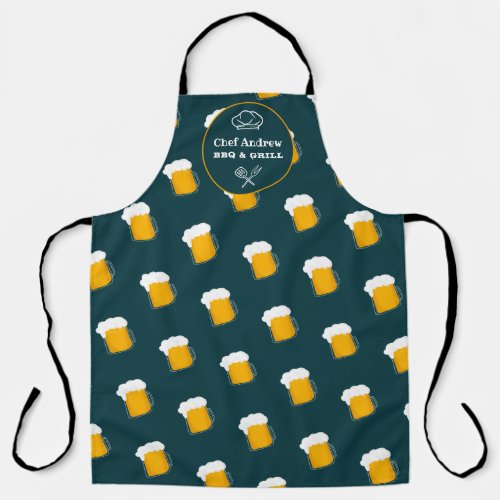 Funny cool beer pattern stein green BBQ grill Chef Apron