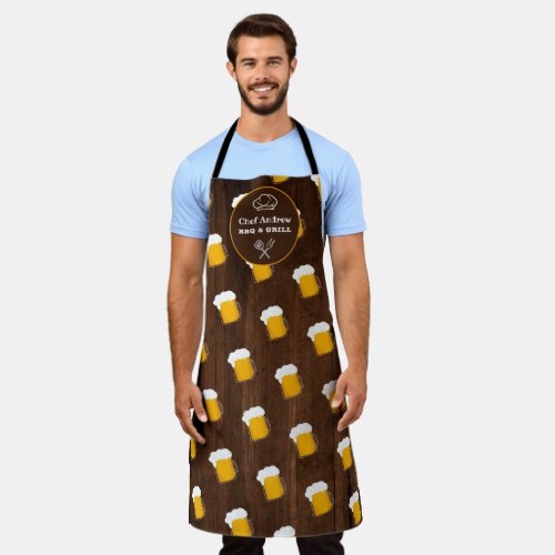 Funny cool beer pattern stein wood BBQ grill Chef Apron