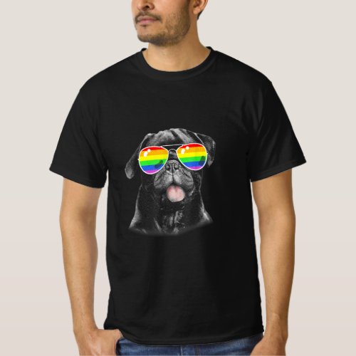 funny cool black pug dog gay pride flag sunglasses T_Shirt