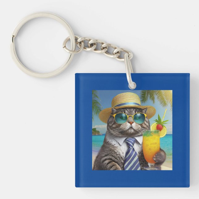Funny Cool Cat and Tropical Drink Keychain (Front)