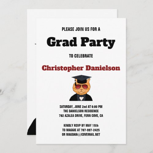 Funny Cool Cat Cartoon Graduation Party Invitation