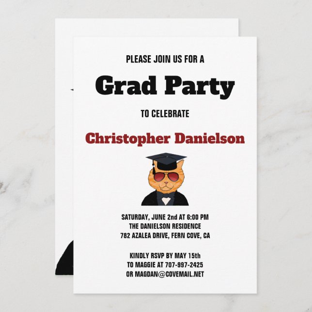 Funny Cool Cat Cartoon Graduation Party Invitation (Front/Back)