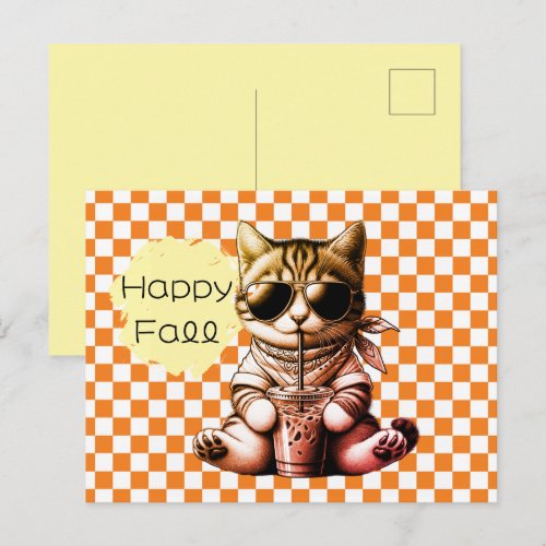 Funny Cool Cat Latte Happy Fall Postcard