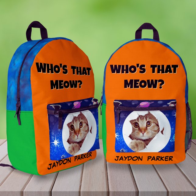 Funny Cool Cat Space Custom Name for Kids School Printed Backpack (Creator Uploaded)