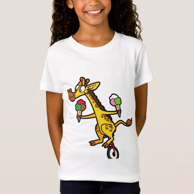 Funny Cool Cute Giraffe Unicycle Ice Cream T-Shirt (Front)