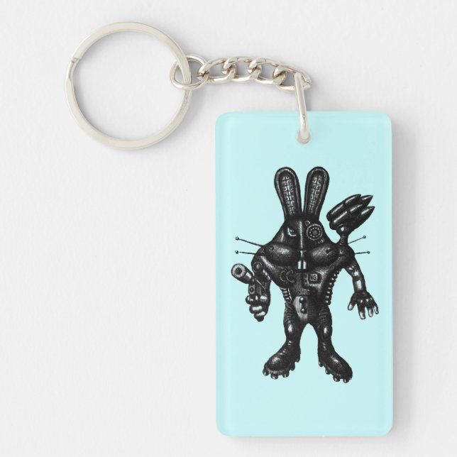 Funny cool cyborg bunny pen ink drawing art keychain (Front)