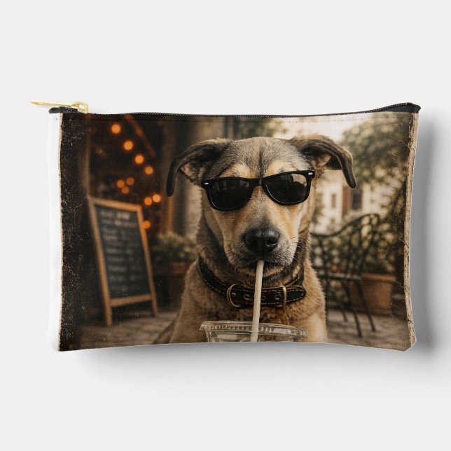 Funny Cool Dog Drinking Iced Coffee Accessory Pouch (Front)