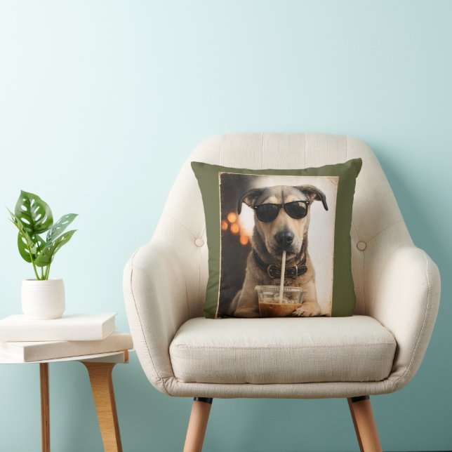 Funny Cool Dog Drinking Iced Coffee Poster Throw Pillow (Chair)