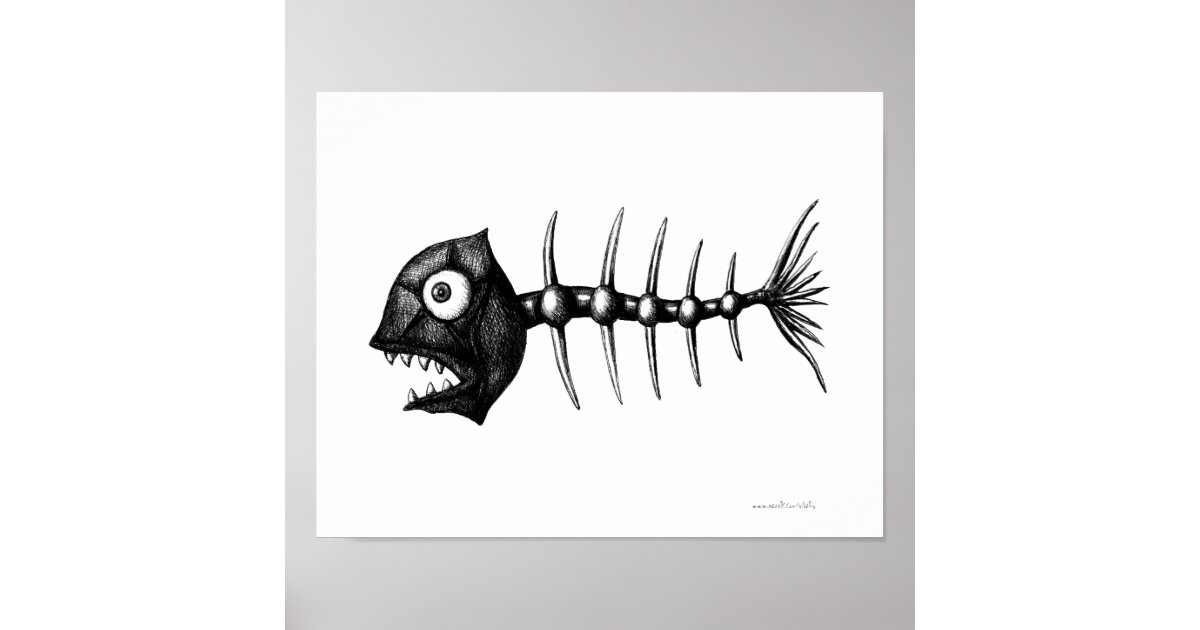 Funny cool fish skeleton ink drawing art poster