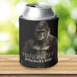 Funny Cool Gorilla "Hands off" your name Beer Can Cooler<br><div class="desc">No one will take your beer with this very strong and cool Gorilla protecting it. A funny can cooler features a photo of an imposing gorilla with text that reads, "Hands off Jonathan's Beer". (personalize with your own name). You'll be the hit of the party with this funny can cooler....</div>