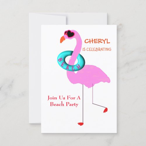 Funny Cool In Shades Pink Flamingo Beach Party Invitation