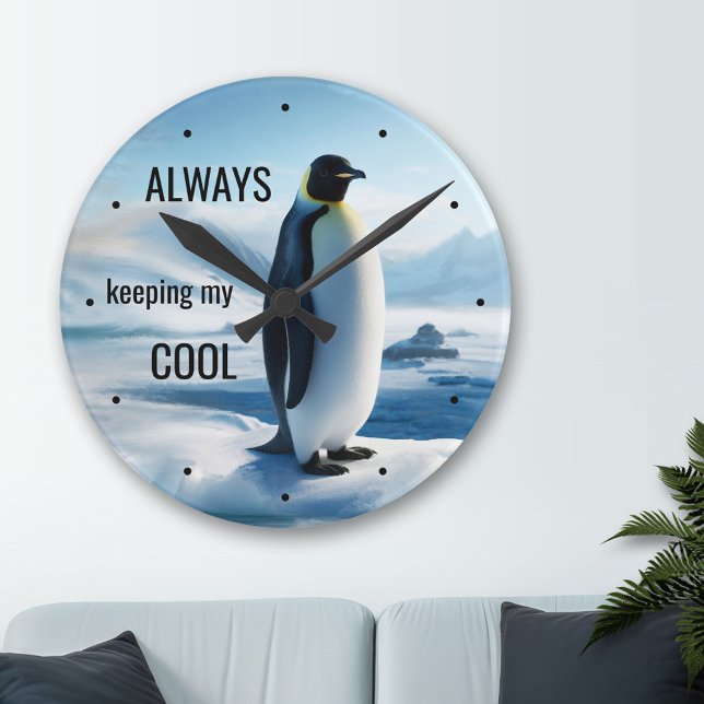 Funny Cool Penguin Ice Round Clock (A funny wall clock featuring a painting of a penguin on ice.)