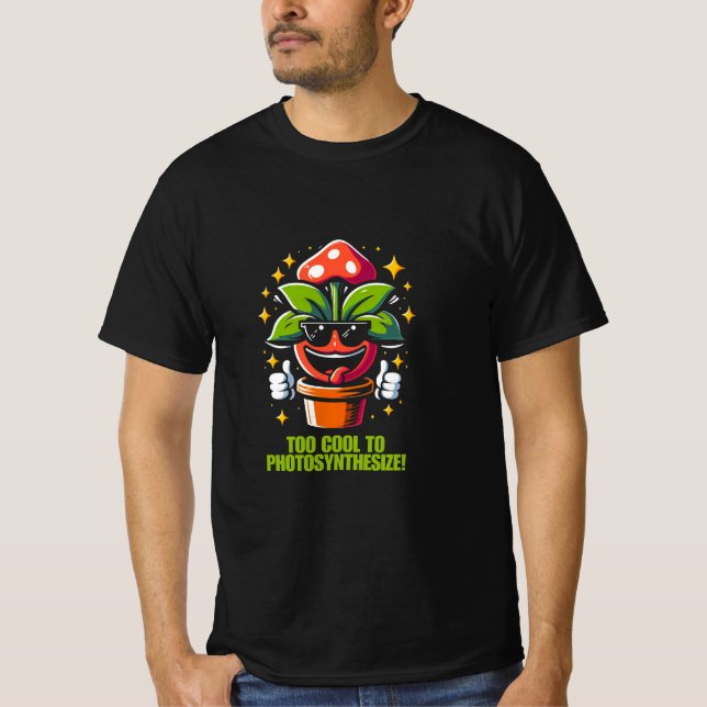 Funny Cool Plant with Sunglasses and Mushroom Hat. T-Shirt (Front)